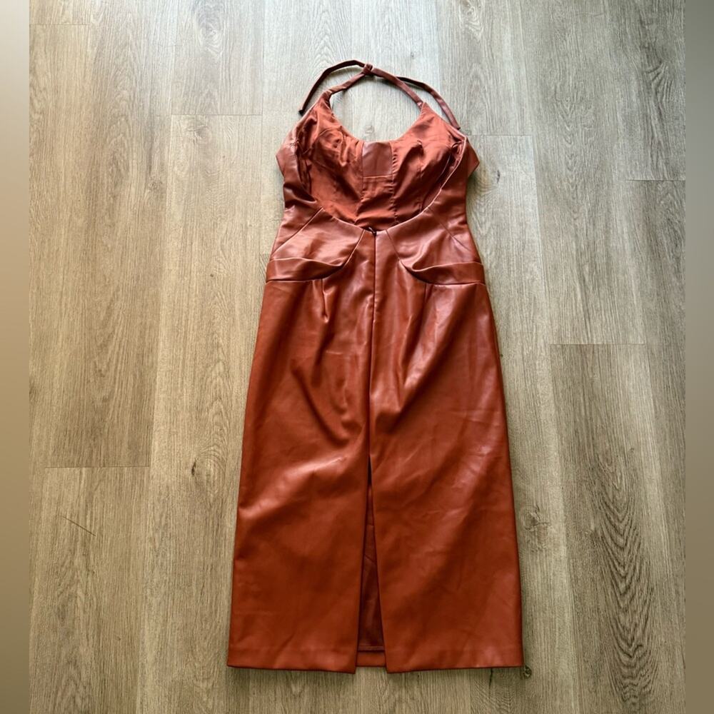 cult gaia zahora brown faux leather halter style sculptural bust detail dress 10 - Picture 5 of 12